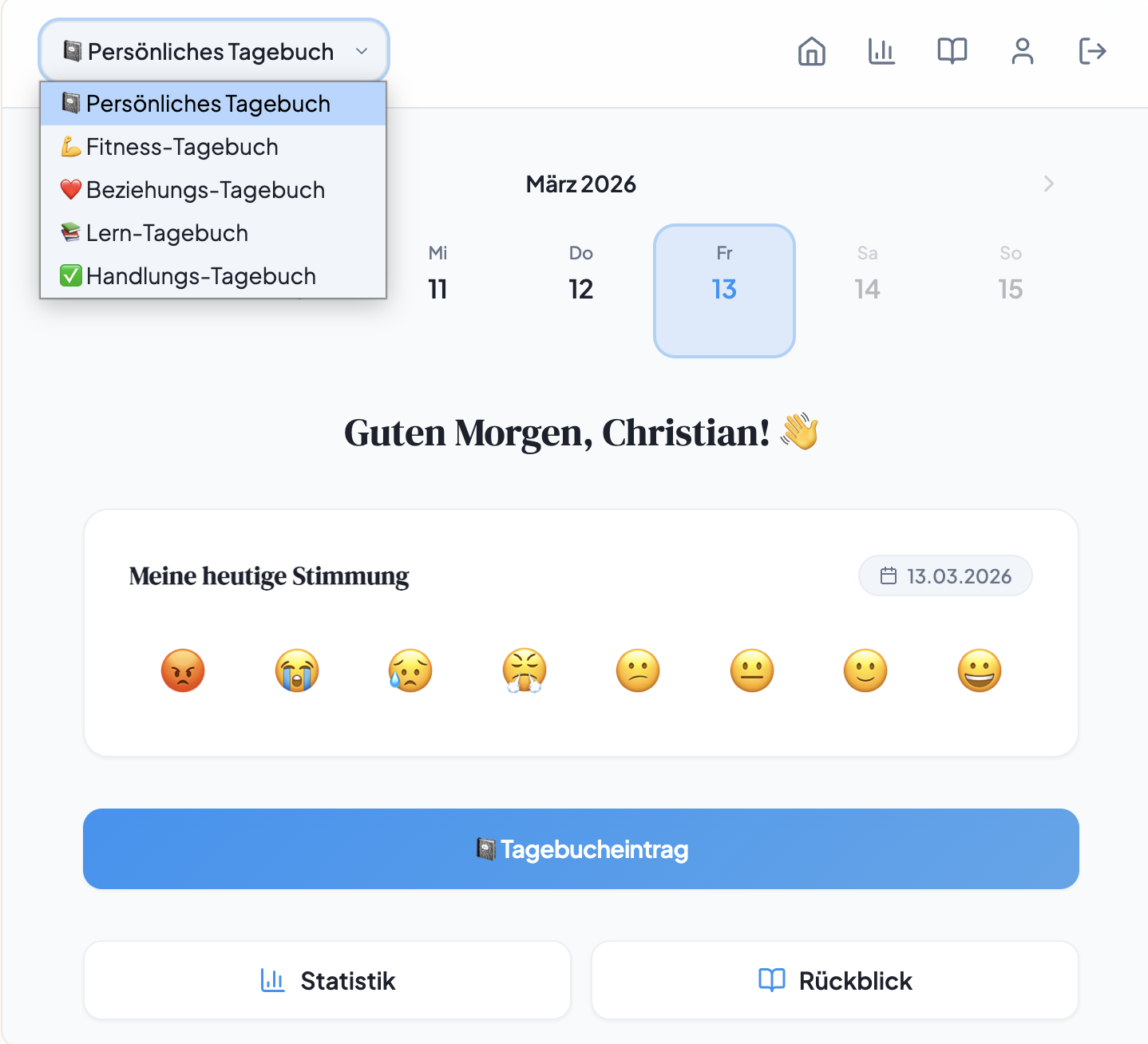 Selbstreflexion App Reflect your Day – Web-App Dashboard für tägliches Journaling